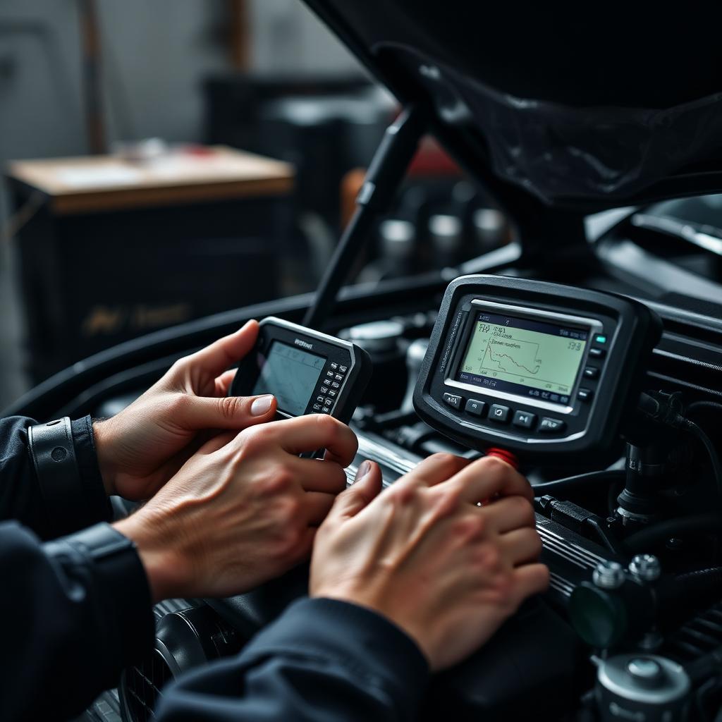 Mechanic using diagnostic equipment on a vehicle