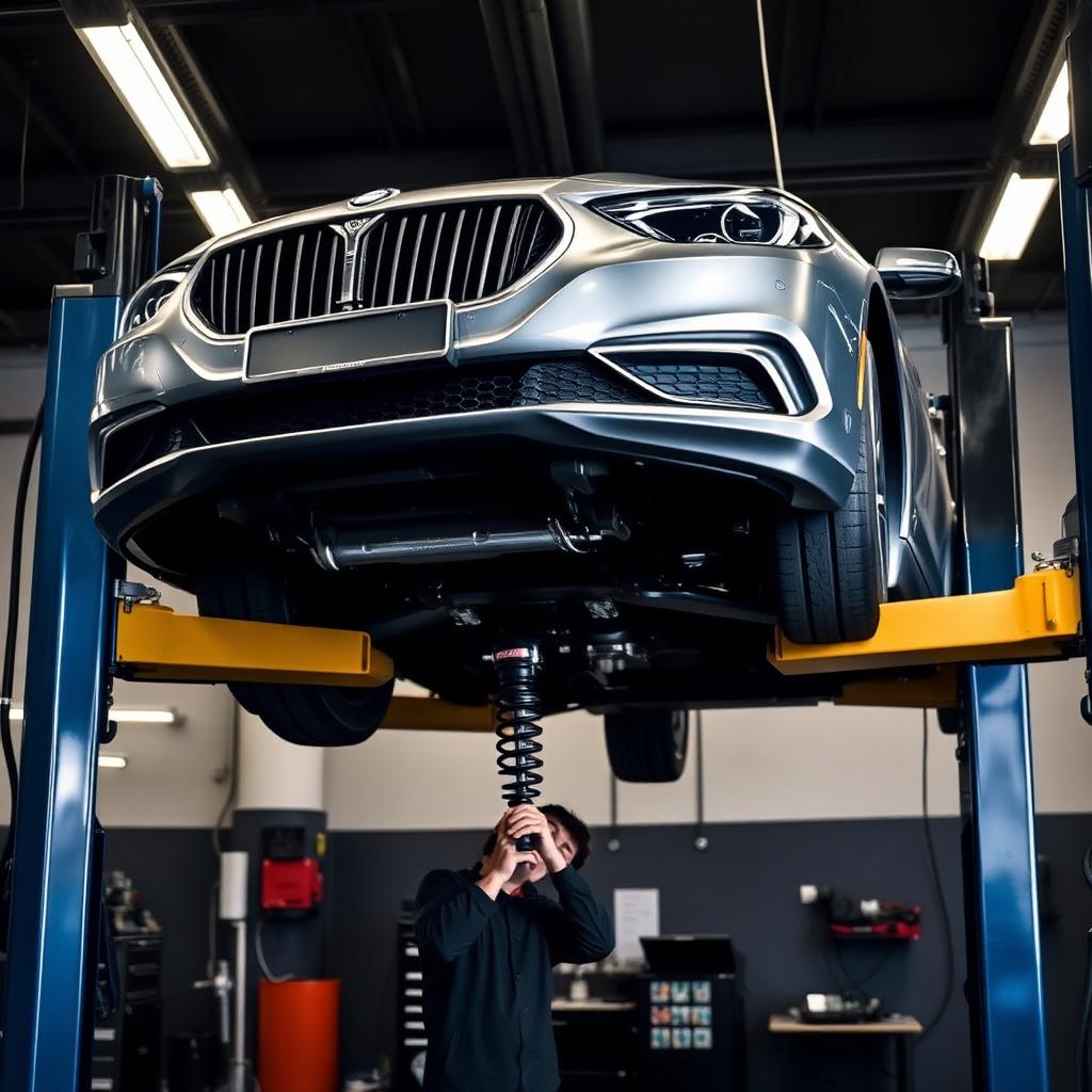 Vehicle on hydraulic lift for suspension inspection