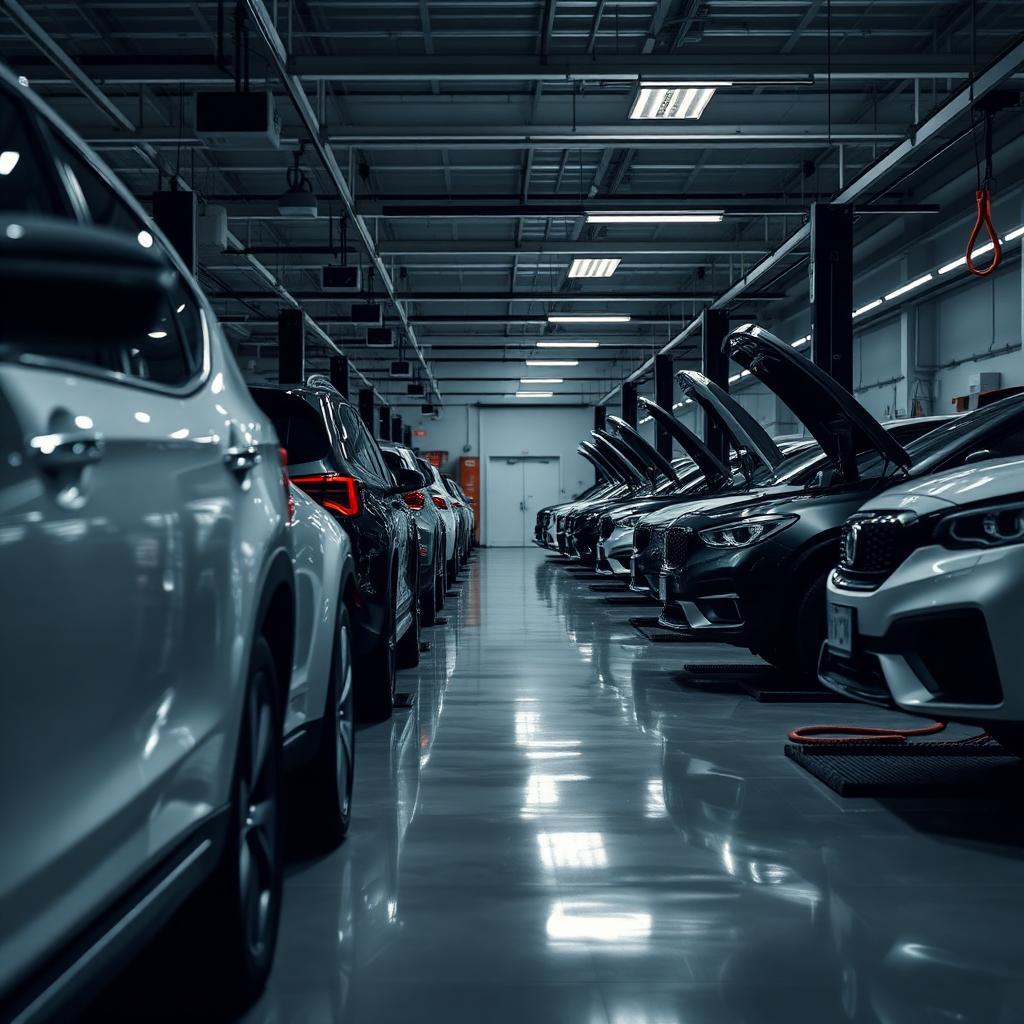 Row of vehicles in our Amarillo repair shop bay